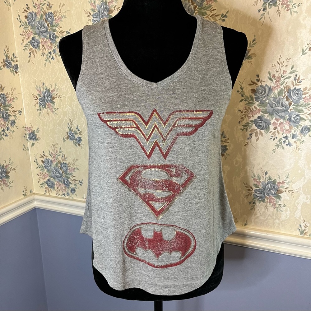 DC comics grey Wonder Woman, Batman, Superman workout Tank Top Size xs